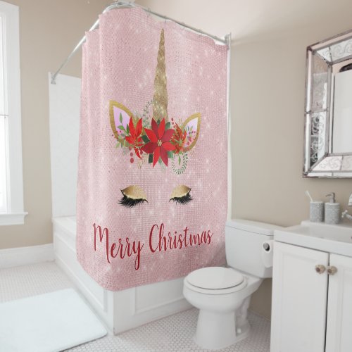 Rose Gold _ Blush Pink Merry Christmas Unicorn Shower Curtain