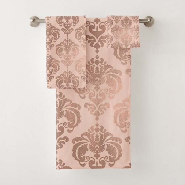 Rose Gold Blush Pink Modern Glam Damask Bath Towel Set (Insitu)