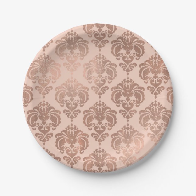 Rose Gold Blush Pink Modern Glam Damask Paper Plates (Front)