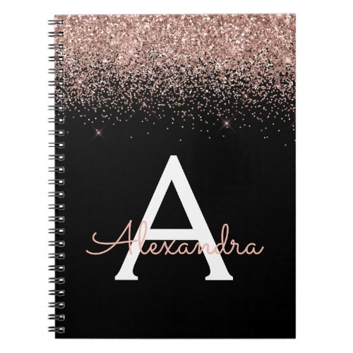 Rose Gold Blush Pink Monogram Black Glitter Notebook