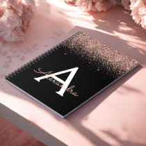 Rose Gold Blush Pink Monogram Black Glitter Notebook