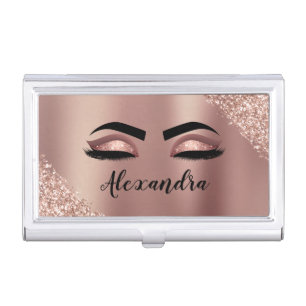 Rose Gold Blush Pink Monogram Glitter Eyelashes Business Card Case