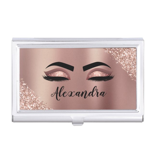 Rose Gold Blush Pink Monogram Glitter Eyelashes Business Card Case (Front)