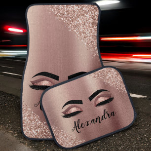 Rose Gold Blush Pink Monogram Glitter Eyelashes Car Floor Mat