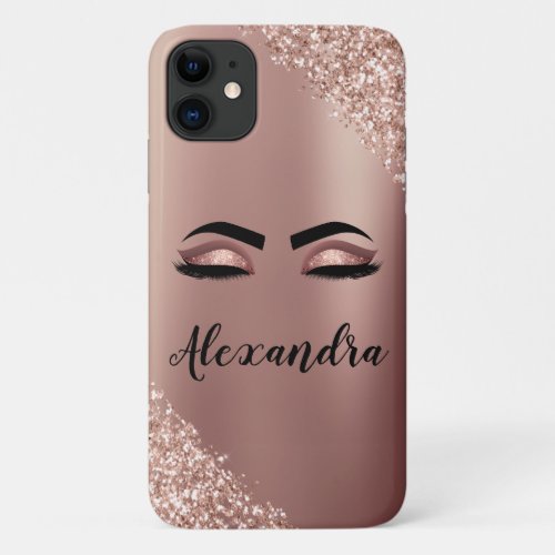 Rose Gold Blush Pink Monogram Glitter Eyelashes iPhone 11 Case