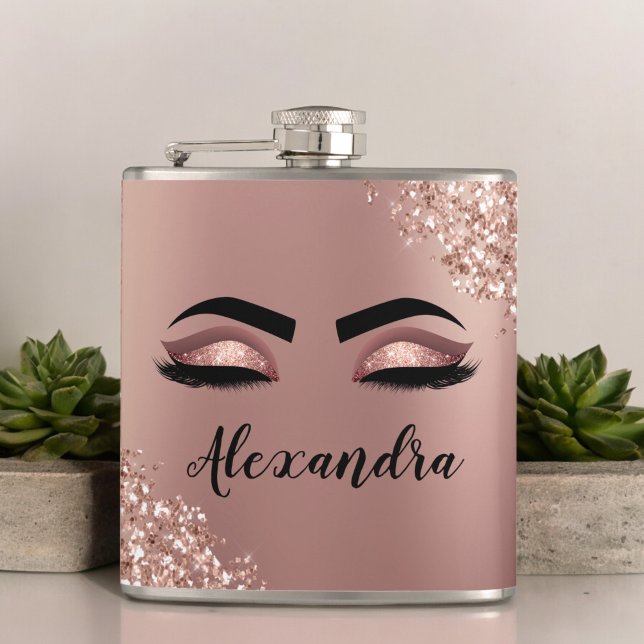 Rose Gold Blush Pink Monogram Glitter Eyelashes Flask (Creator Uploaded)