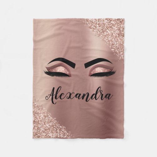 Rose Gold Blush Pink Monogram Glitter Eyelashes Fleece Blanket