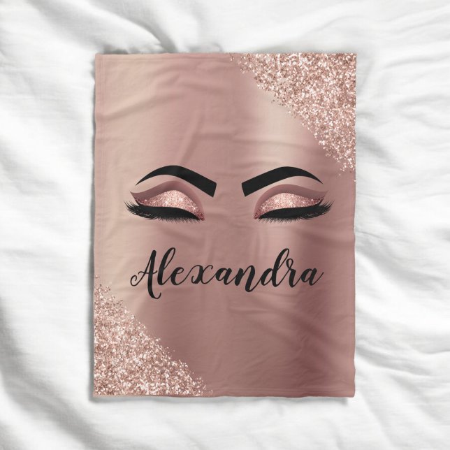 Rose Gold Blush Pink Monogram Glitter Eyelashes Fleece Blanket (Creator Uploaded)