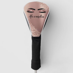 Rose Gold Blush Pink Monogram Glitter Eyelashes Golf Head Cover