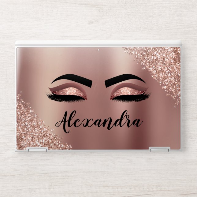 Rose Gold Blush Pink Monogram Glitter Eyelashes HP Laptop Skin (Front)