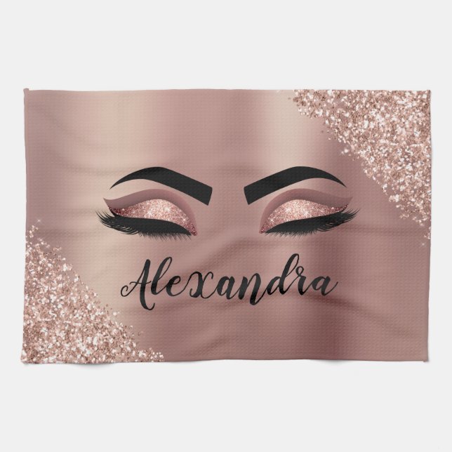Rose Gold Blush Pink Monogram Glitter Eyelashes Kitchen Towel (Horizontal)