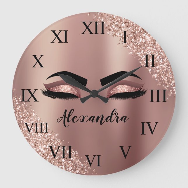 Rose Gold Blush Pink Monogram Glitter Eyelashes Large Clock (Front)