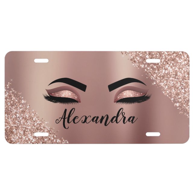 Rose Gold Blush Pink Monogram Glitter Eyelashes License Plate (Front)
