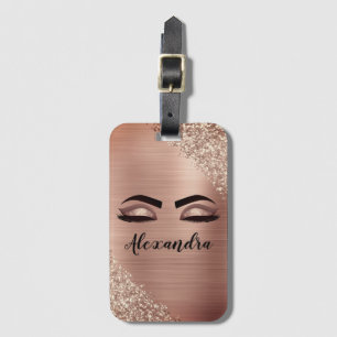 Rose Gold Blush Pink Monogram Glitter Eyelashes Luggage Tag
