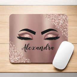 Rose Gold Blush Pink Monogram Glitter Eyelashes Mouse Pad