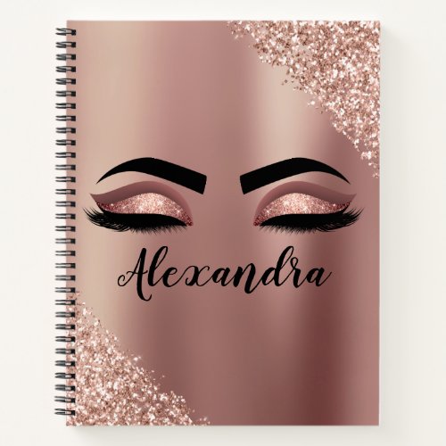 Rose Gold Blush Pink Monogram Glitter Eyelashes Notebook