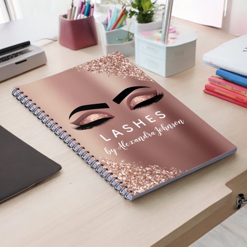 Rose Gold Blush Pink Monogram Glitter Eyelashes Notebook