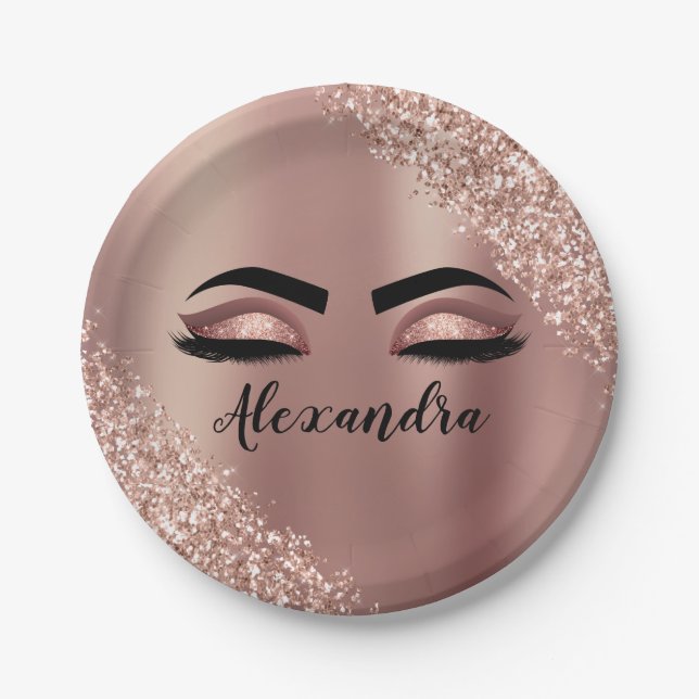Rose Gold Blush Pink Monogram Glitter Eyelashes Paper Plates (Front)