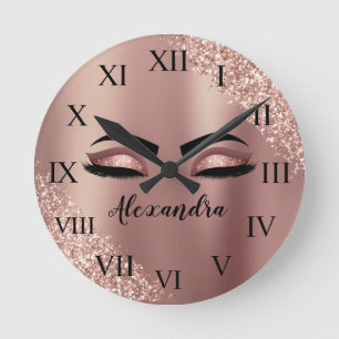 Rose Gold Blush Pink Monogram Glitter Eyelashes Round Clock