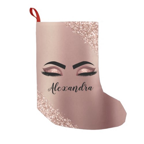 Rose Gold Blush Pink Monogram Glitter Eyelashes Small Christmas Stocking