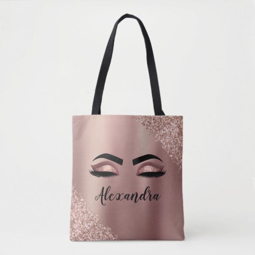 Rose Gold Blush Pink Monogram Glitter Eyelashes Tote Bag