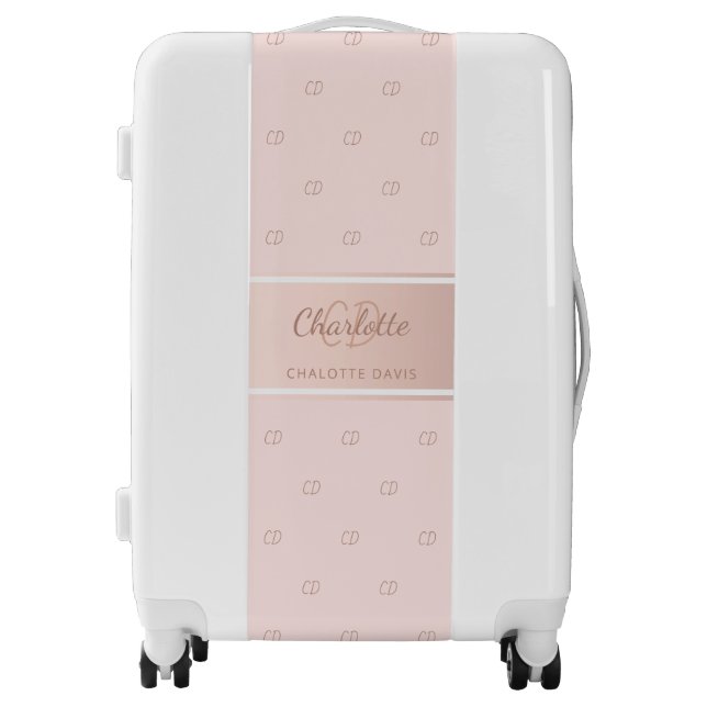 Rose gold blush pink monogram modern name luggage (Front)