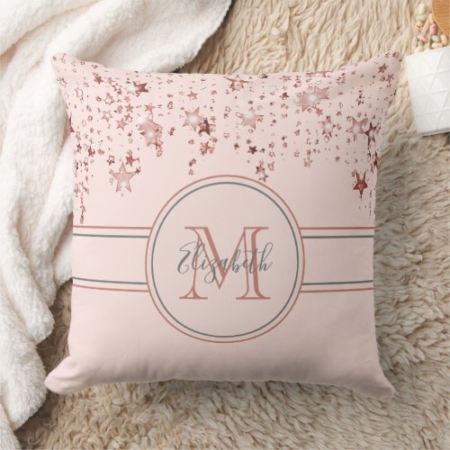 Rose gold blush pink monogram name throw pillow