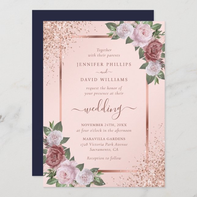 Rose Gold Blush Pink Navy Blue Floral Wedding Invitation (Front/Back)