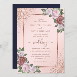 Rose Gold Blush Pink Navy Blue Floral Wedding Invitation
