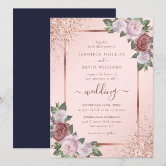 Rose Gold Blush Pink Navy Blue Floral Wedding Invitation