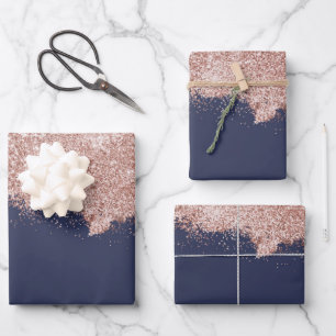 Rose Gold Blush Pink Navy Blue Girly Glitter Dust Wrapping Paper Sheets