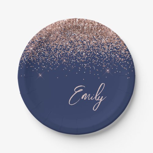 Rose Gold _ Blush Pink Navy Blue Glitter Monogram Paper Plates