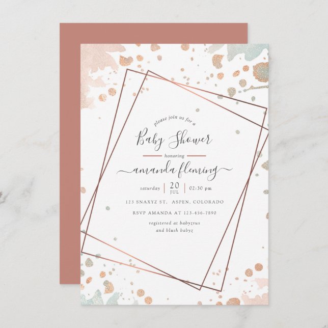 Rose Gold & Blush Pink Paint Geometric Baby Shower Invitation (Front/Back)