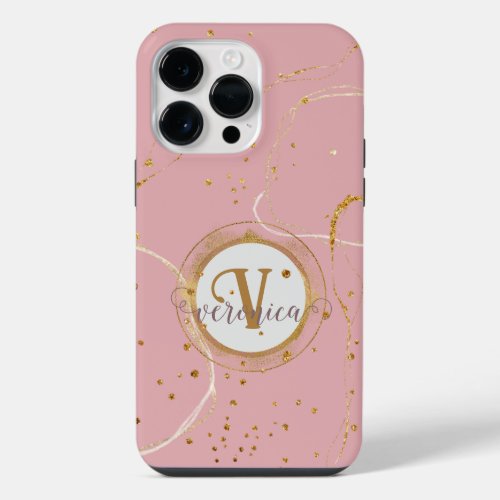 Rose Gold Blush Pink Paint Sparkle Monogram iPhone 14 Pro Max Case