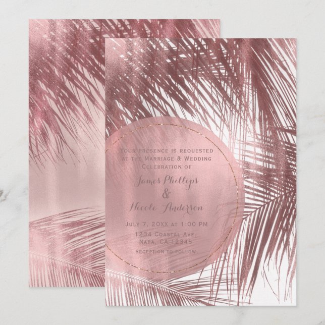 Rose Gold Blush Pink Palm Trees Tropical Wedding Invitation (Front/Back)
