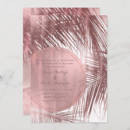 Rose Gold Blush Pink Palm Trees Tropical Wedding Invitation