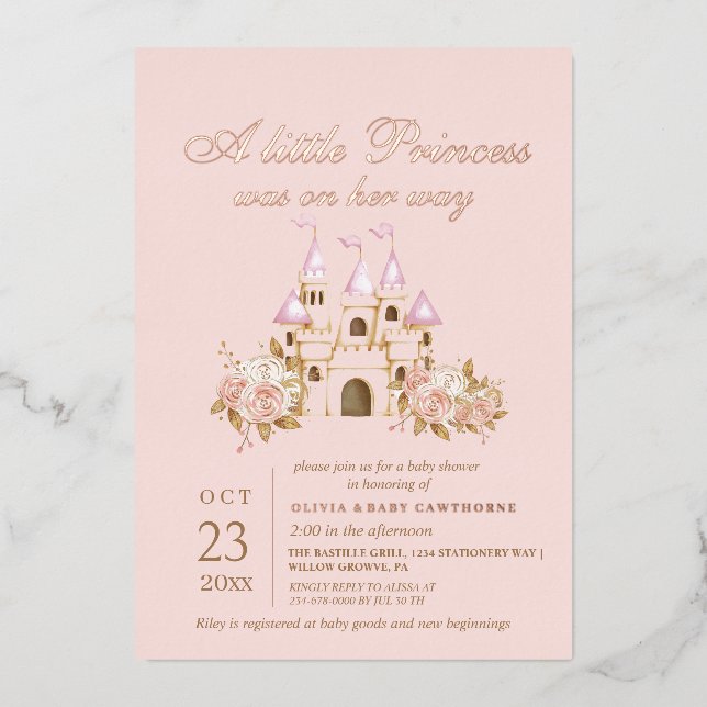 Rose Gold & Blush Pink Princess Baby Shower Foil Invitation (Front)