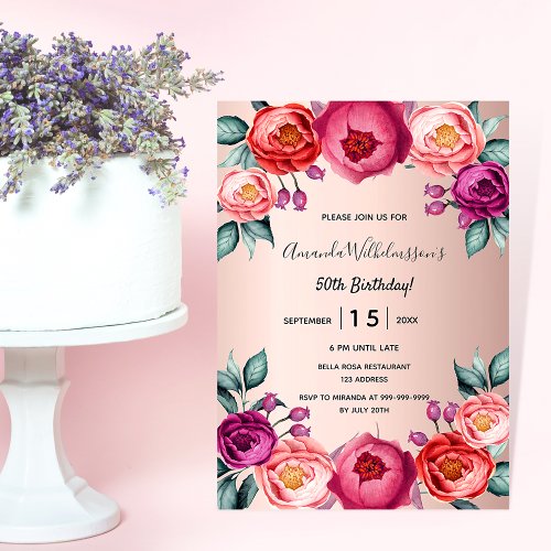 Rose gold blush pink purple floral birthday invitation