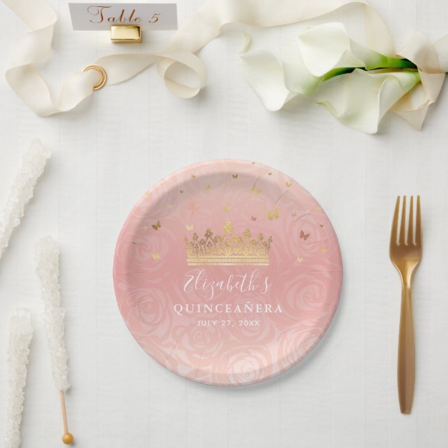Rose Gold Blush Pink Quinceanera Birthday Party Paper Plates (Wedding)