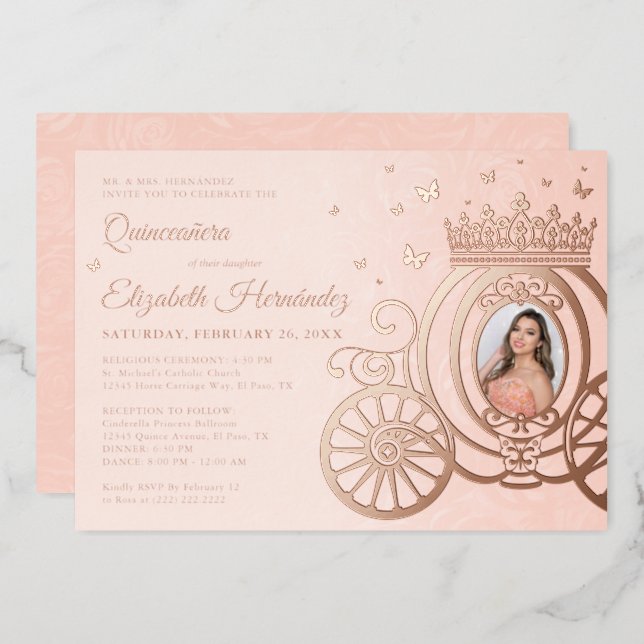 Rose Gold Blush Pink Quinceanera Princess Photo Foil Invitation (Front/Back)