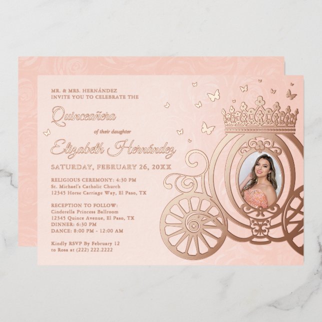 Rose Gold Blush Pink Quinceanera Princess Photo Foil Invitation (Front/Back)