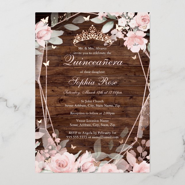 Rose Gold Blush Pink Rustic Floral Quinceanera  Foil Invitation (Front)