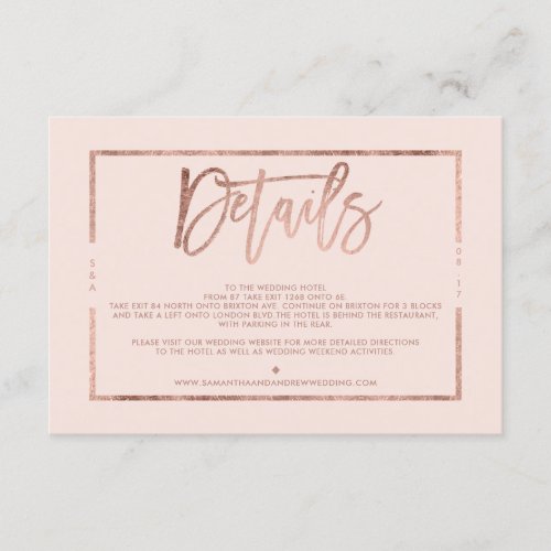 Rose gold blush pink script wedding direction enclosure card