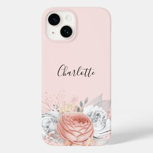 Rose gold blush pink silver foliage name elegant Case_Mate iPhone 14 case