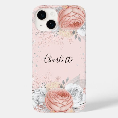 Rose gold blush pink silver glitter foliage name Case_Mate iPhone 14 case