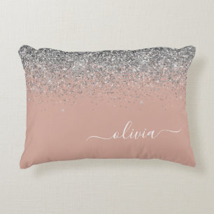 Rose Gold Blush Pink Silver Glitter Monogram Accent Pillow