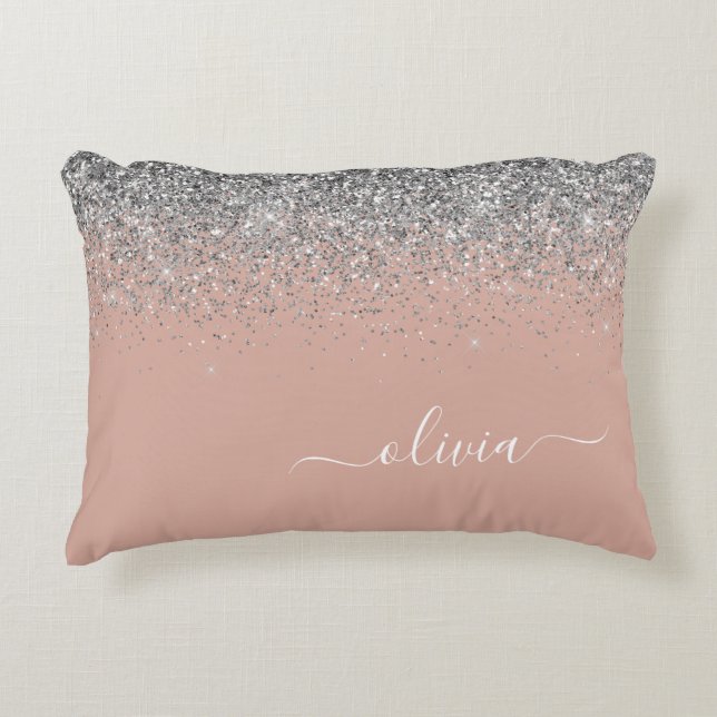 Rose Gold Blush Pink Silver Glitter Monogram Accent Pillow (Front)