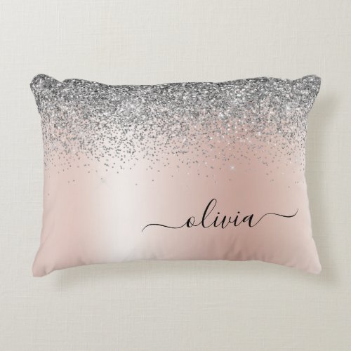 Rose Gold _ Blush Pink Silver Glitter Monogram Accent Pillow