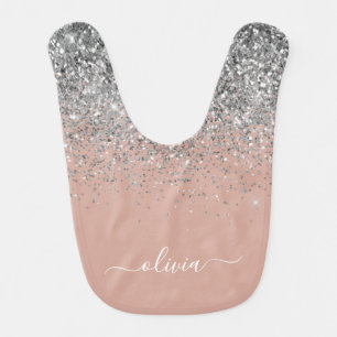 Rose Gold Blush Pink Silver Glitter Monogram Baby Bib