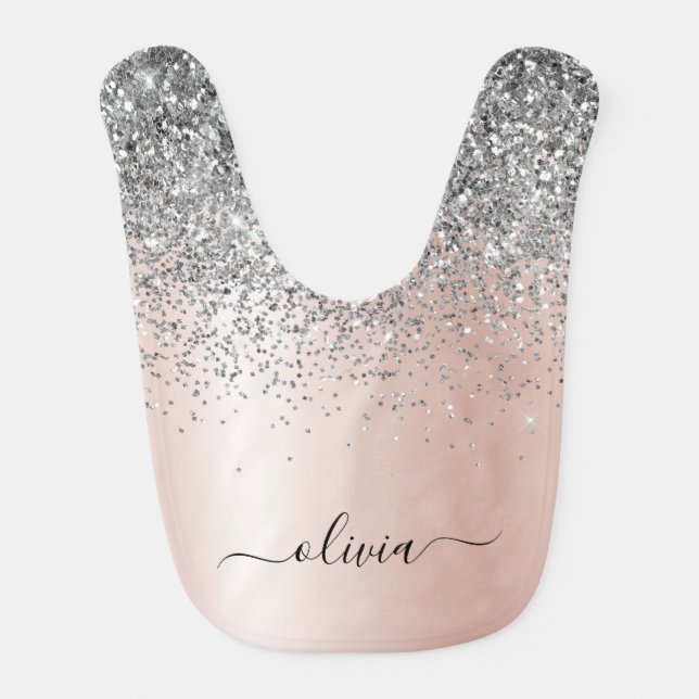 Rose Gold - Blush Pink Silver Glitter Monogram Baby Bib (Front)